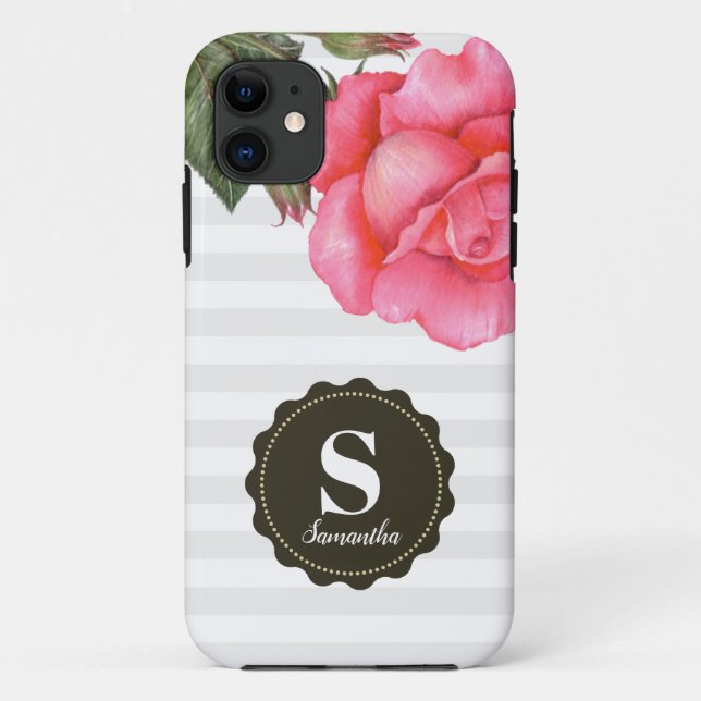 Shabby Chic Pink Roses Grau Weiße Streifen Muster Case-Mate iPhone Hülle (Rückseite)