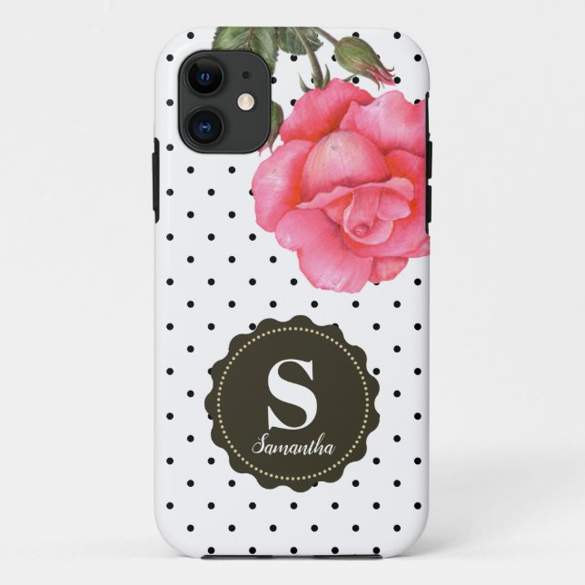 Shabby Chic Pink Roses Schwarz-weiß Polka Dots Case-Mate iPhone Hülle (Rückseite)