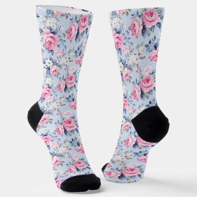 Shabby Chic Pink Roses White Flowers Pattern Socken (Gewinkelt)