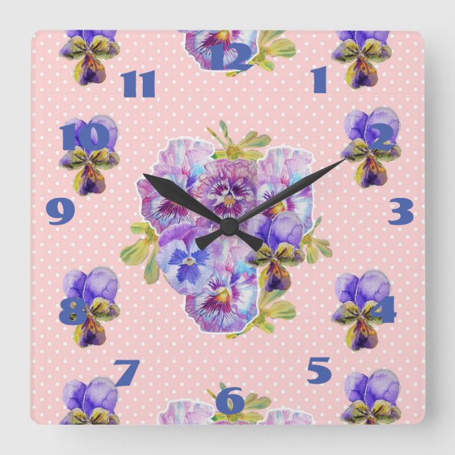 Shabby Chic Pink Stiefmütterchen Pansy Floral Art  Quadratische Wanduhr (Vorderseite)
