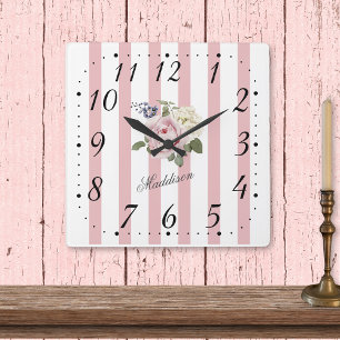 Shabby Chic Pink Striped Rose Bouquet Monogrammed Quadratische Wanduhr