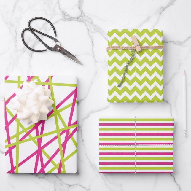 Shabby Chic Pink und Grün passende Muster Geschenkpapier Set (Vorderseite)