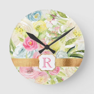 Shabby Chic Pretty Pink Watercolor Roses Monogram Runde Wanduhr