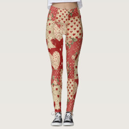 Shabby Chic Red Patchwork Pattern Leggings