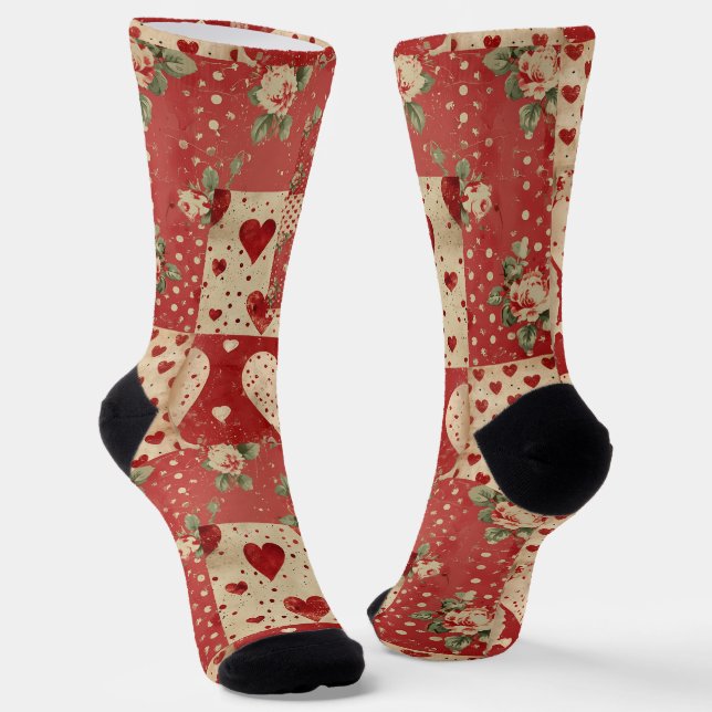 Shabby Chic Red Patchwork Pattern Socken (Gewinkelt)