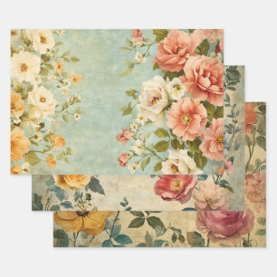 Shabby Chic Rosa Gelbe Antike Blumenmotive Geschenkpapier Set