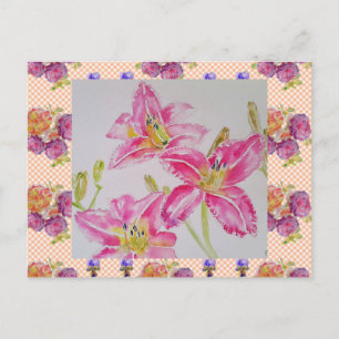 Shabby Chic rosa Lily Blumen Gingham Rosen Postkarte