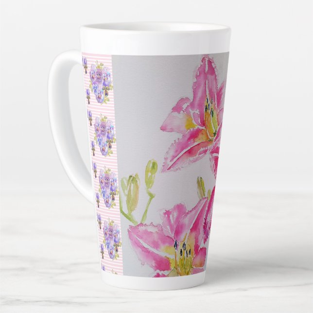 Shabby Chic Rosa Lippenflora Blume Blaue Flasche Milchtasse (Linke Ecke)
