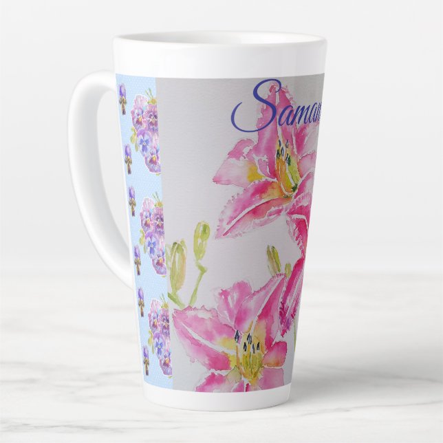 Shabby Chic Rosa Lippenflora Blume Blaue Flasche Milchtasse (Linke Ecke)