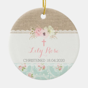 Shabby Chic Rosa, Minze, Lace & Burlap Religious Keramik Ornament