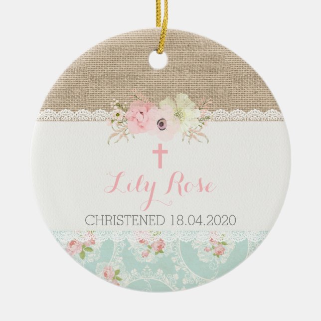 Shabby Chic Rosa, Minze, Lace & Burlap Religious Keramik Ornament (Vorne)