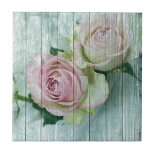 Shabby Chic Rosa Rosen auf blauem Holz Fliese