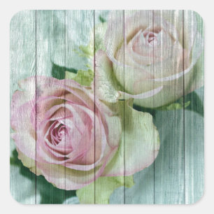 Shabby Chic Rosa Rosen auf blauem Holz Quadratischer Aufkleber