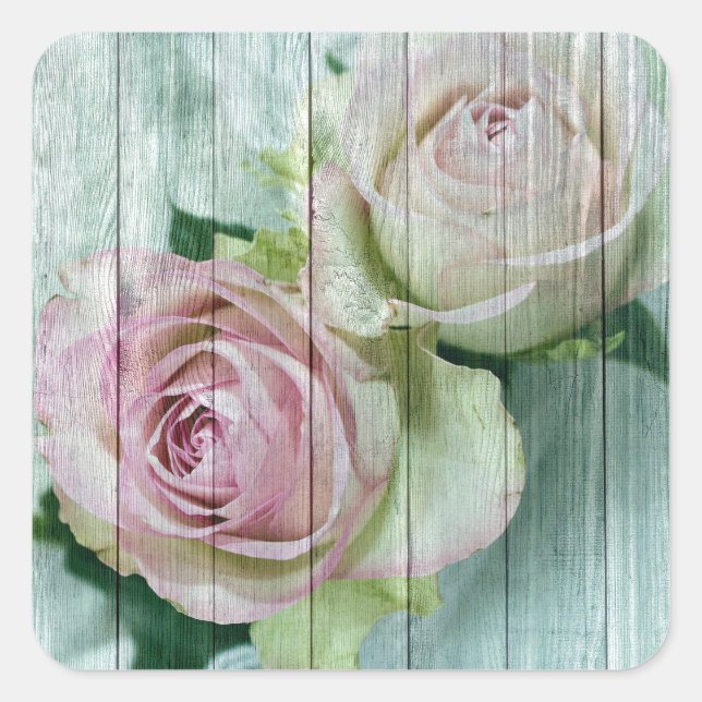 Shabby Chic Rosa Rosen auf blauem Holz Quadratischer Aufkleber (Vorderseite)