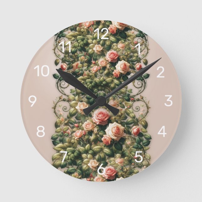 Shabby Chic Rosa Rosengarten Runde Wanduhr (Vorderseite)
