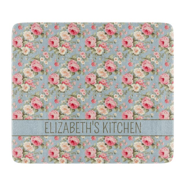 Shabby Chic Rosa und Blaue Hütte Rose und Blume Schneidebrett (Vorderseite)
