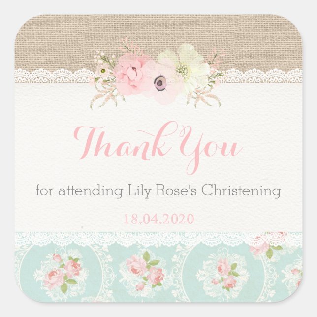 Shabby Chic Rosa und Minze Quadratischer Aufkleber (Vorderseite)
