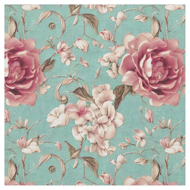 Shabby Chic Rosa und Weiß Florals auf aquamarinen Stoff (Nahaufnahme)