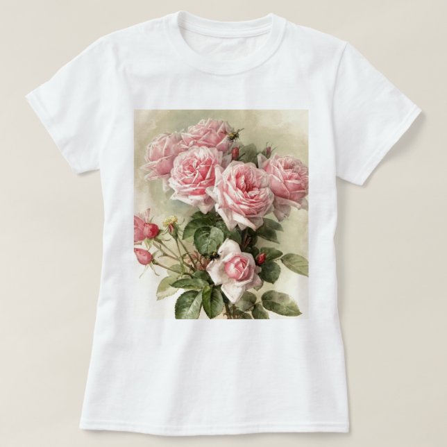Shabby Chic-rosa viktorianische Rosen T-Shirt (Design vorne)
