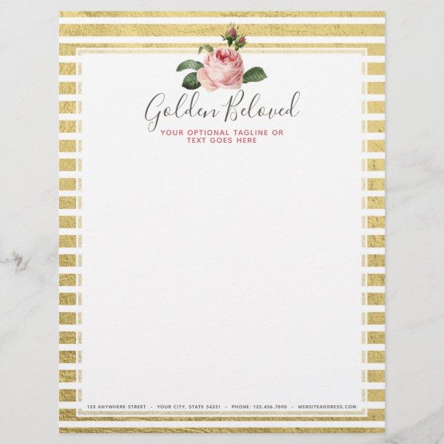 Shabby Chic Rose & Moderne Giro Gold Streifen Briefbogen (Vorderseite)