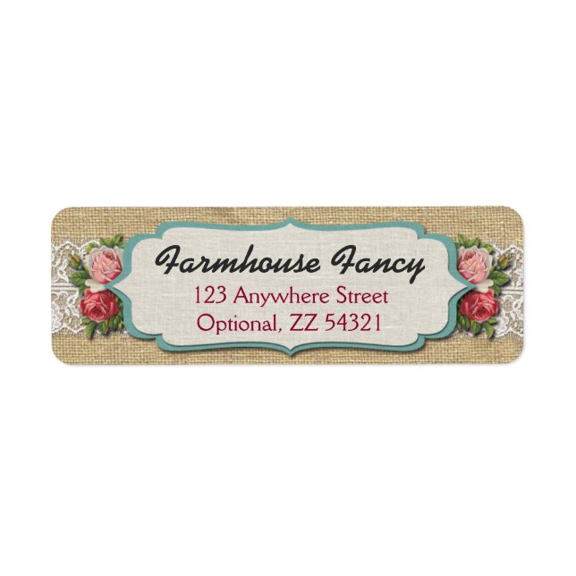 Shabby Chic Rose & Rustikale Burlap-Rücksendeadres (Vorne)