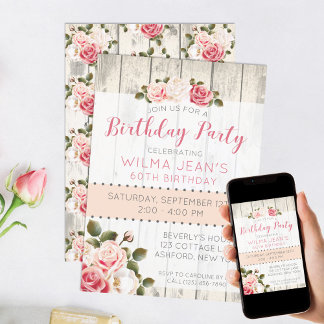 Shabby Chic Rose Rustikales Holz Geburtstag Einlad Einladung
