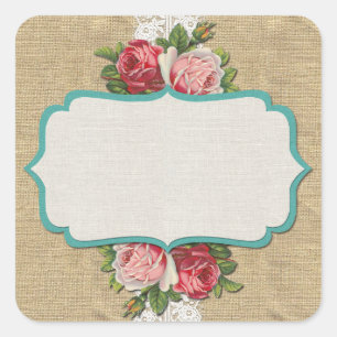 Shabby Chic Rosen auf vintage Spitze und rustikale Quadratischer Aufkleber