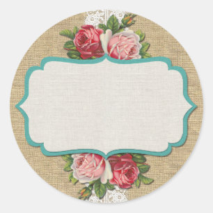 Shabby Chic Rosen auf vintage Spitze und rustikale Runder Aufkleber