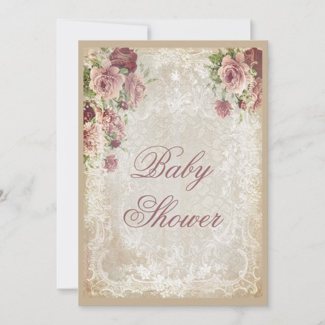 Shabby Chic-Rosen-Perlen und Spitze-Baby-Dusche Einladung (Vorderseite)