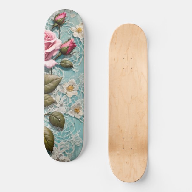 Shabby Chic Rosen und Spitzen Skateboard (Vorderseite)