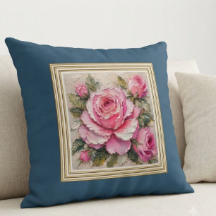 Shabby Chic Rosenölmalerei Stahlblauer Akzent Kissen