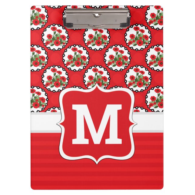 Shabby Chic Rot, Schwarz und Weiß Pupien Monogramm Klemmbrett (Vorderseite)
