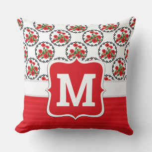Shabby Chic Rot, Schwarz & Weiß Mohn Monogramm Kissen