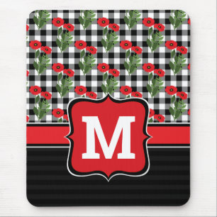 Shabby Chic Rot, Schwarz & Weiß Mohn Monogramm Mousepad