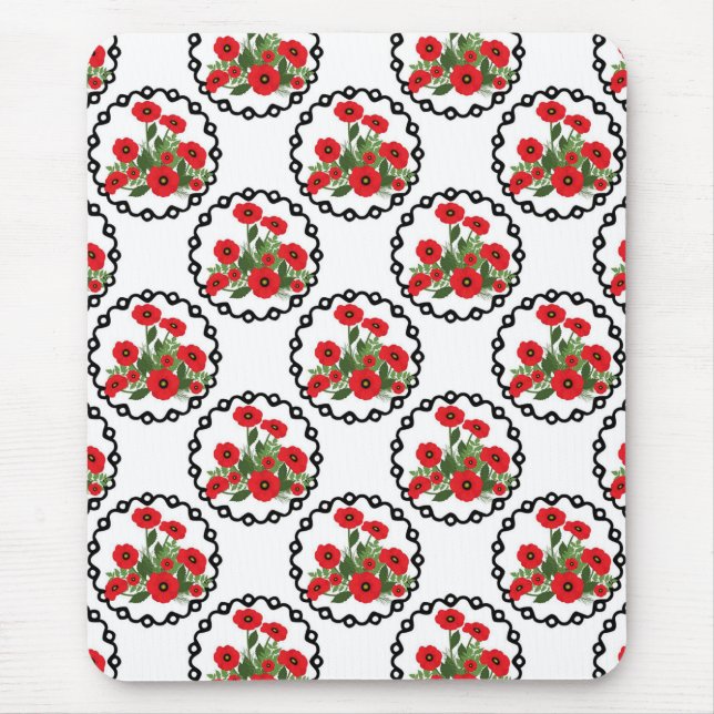 Shabby Chic Rot, Schwarz & Weiß Pupien Blütenblüte Mousepad (Vorne)
