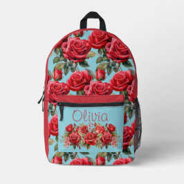 Shabby Chic Rote Rosen Blauer Hintergrund Bedruckter Rucksack