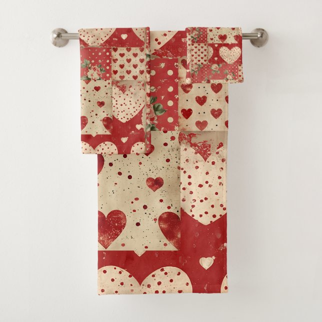 Shabby Chic rotes Patchworkmuster Badhandtuch Set (Insitu)