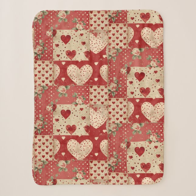 Shabby Chic rotes Patchworkmuster Sherpadecke (Vorderseite)