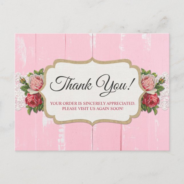 Shabby Chic Rustic Wood Pink Floral Rose Vielen Da Postkarte (Vorderseite)