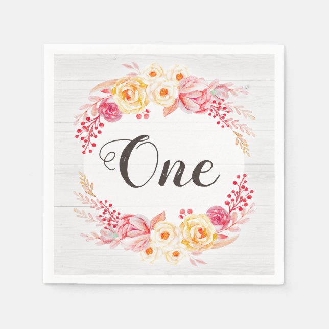 Shabby Chic Rustikale Flora Eins Geburtstagsparty Serviette (Vorderseite)