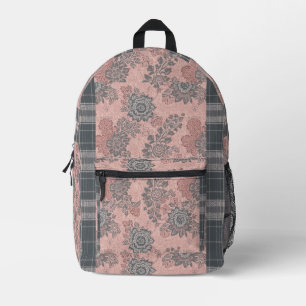 Shabby Chic Schiefergraue Rosen und Tartan Rosa Bedruckter Rucksack