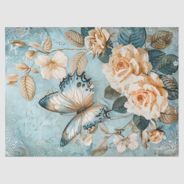 Shabby Chic-Schmetterling und Rose-Gewebe Seidenpapier (Vorderseite)