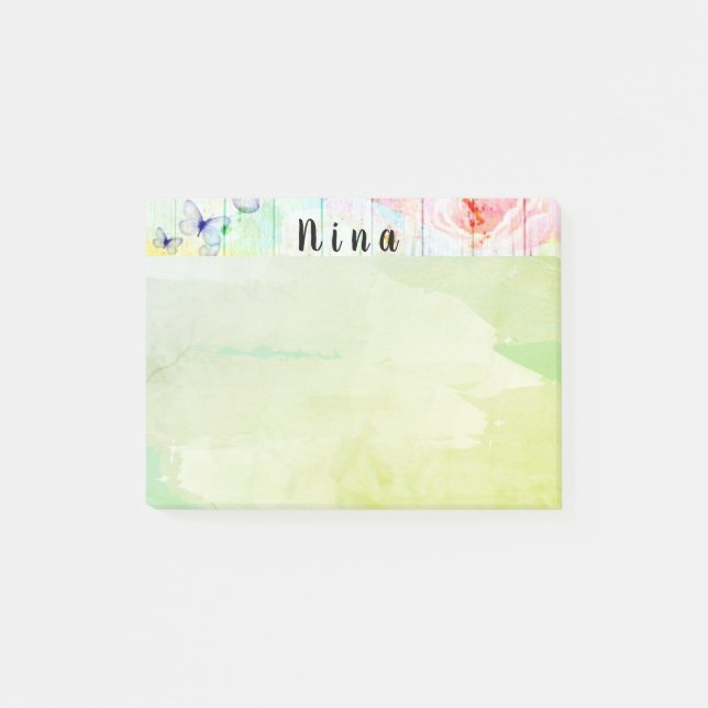 Shabby Chic Schmetterlinge und Rose auf rustikalem Post-it Klebezettel (Vorderseite)