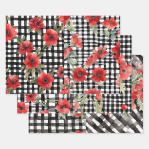 Shabby Chic Schwarz/Weiß Karierte Rote Blume Misch Geschenkpapier Set