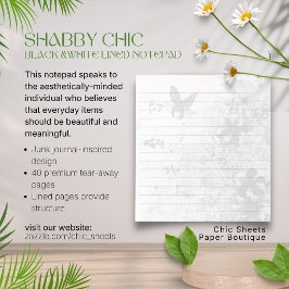 Shabby Chic Schwarz & Weiß Schmetterling Floral Li Notizblock