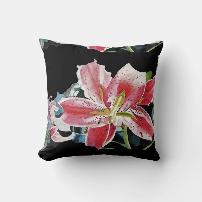 Shabby Chic Schwarze Lilienflora Blume Kissen (Vorderseite)