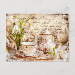 shabby chic Snowdrops and Teacups in Vintage Style Postkarte
