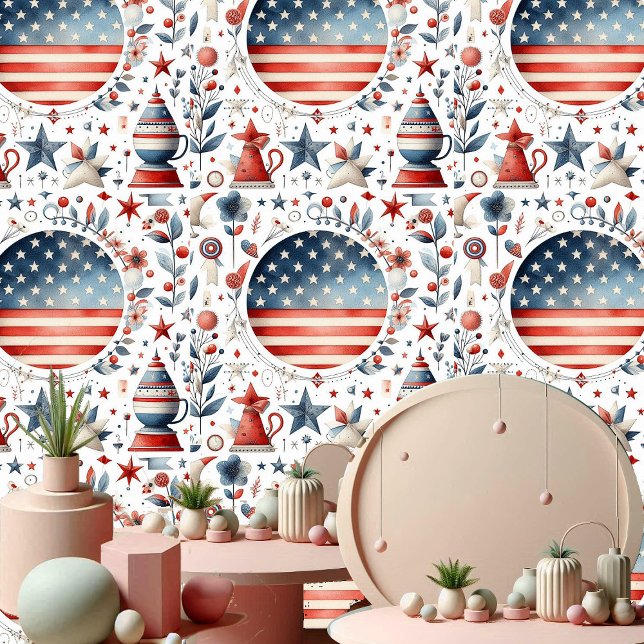 Shabby Chic Star Streifen Rot Blau und Weiß Pastel Tapete (Shabby Chic Star Stripes Red Blue and White Pastel Wallpaper)