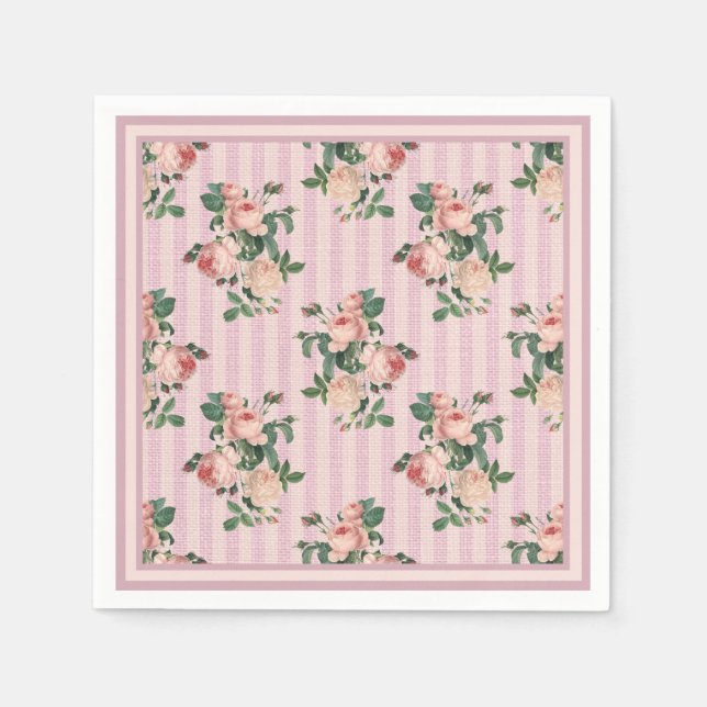 Shabby Chic Streifen und Rosen in Rosa Serviette (Vorderseite)