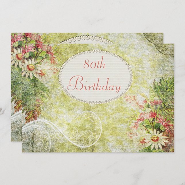 Shabby Chic Sweet 80. Geburtstag & Wildblumen Einladung (Vorne/Hinten)